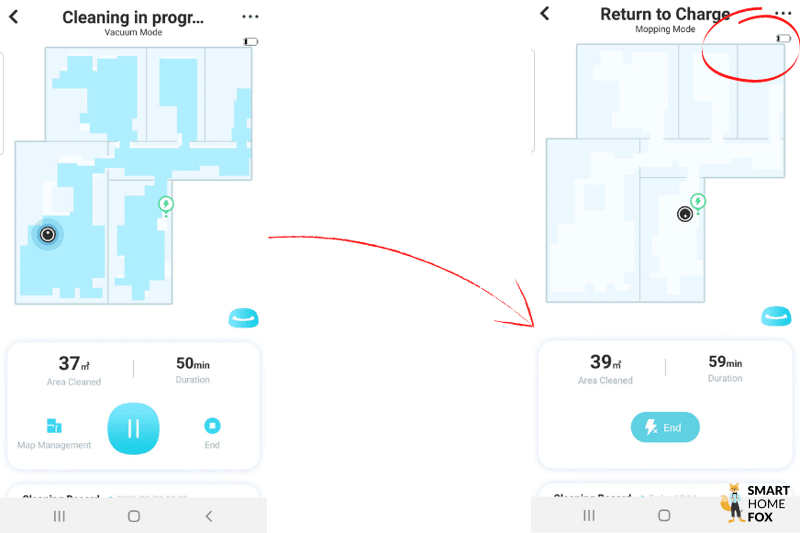 Der Restakku des Yeedi Vac Hybrid nach erfolgter Reinigung der Wohnung ist zu sehen